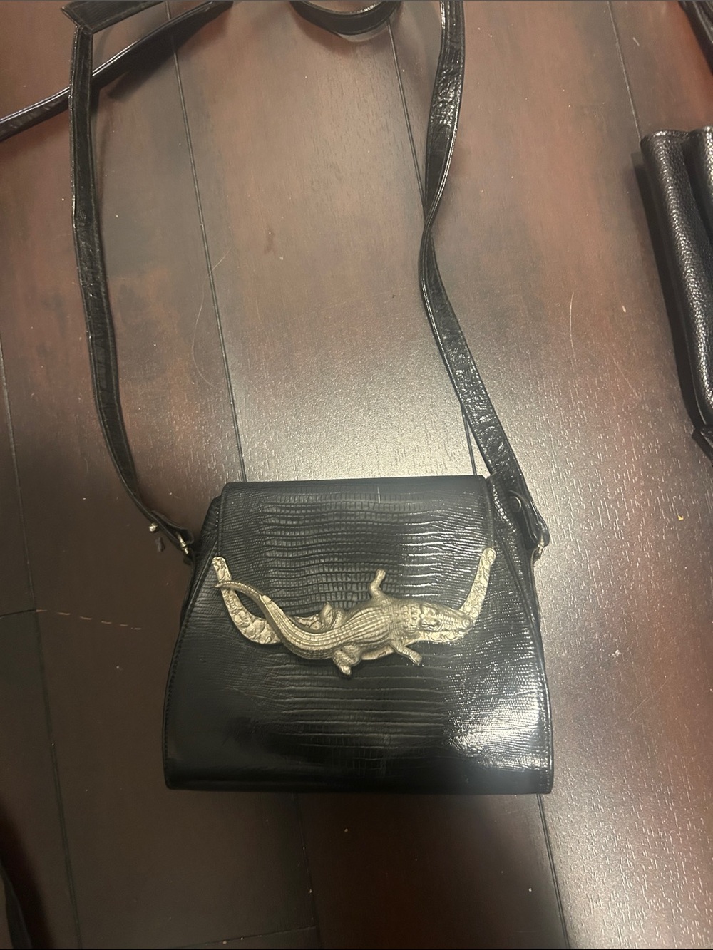 Ann Turk vintage Black Croc-Embossed Crossbody Bag with Gold Alligator Accent
